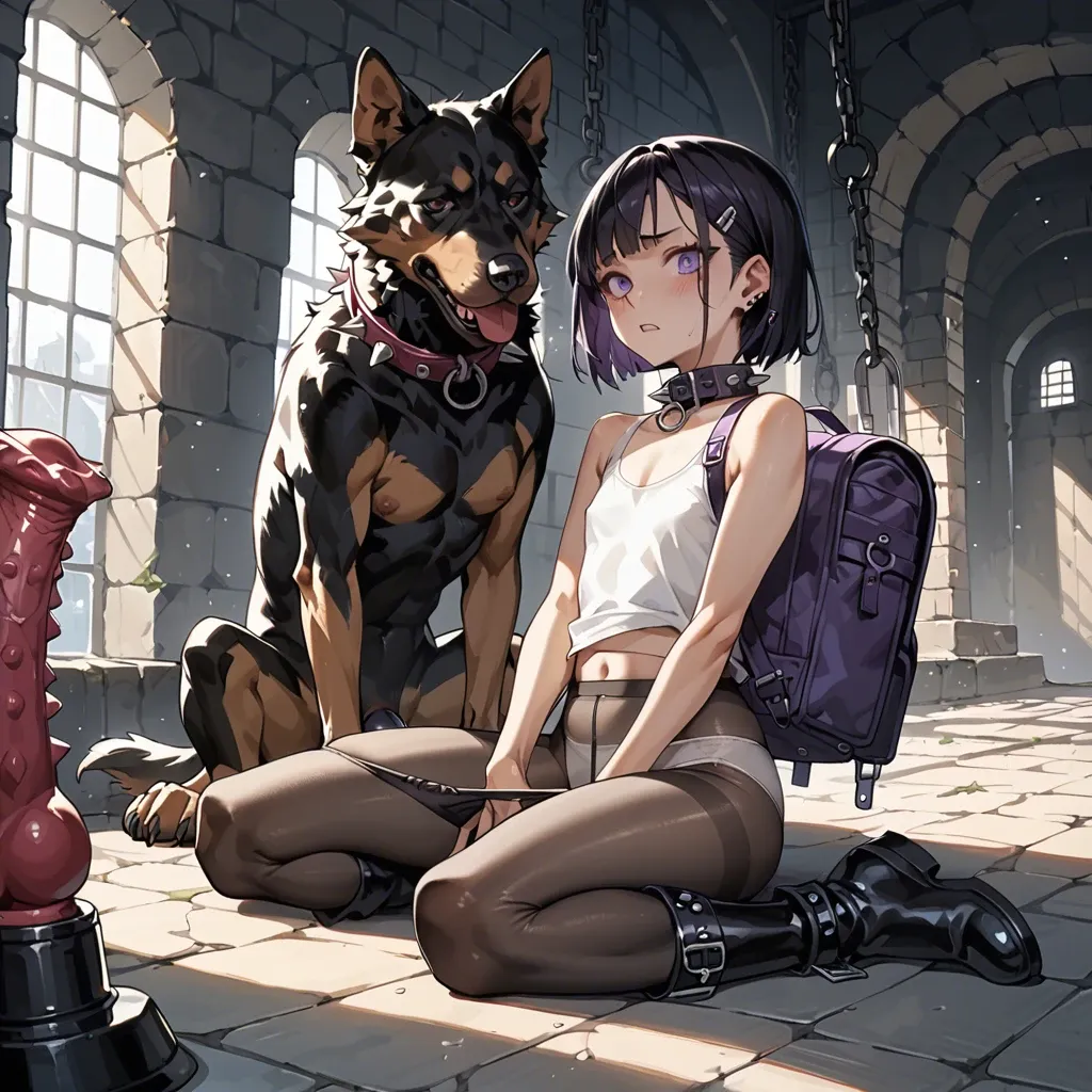 1girl,1boy, , , , jawline,bare arms,flat chest,purple backpack,white tank top, school uniform,pantyhose pull,rings,panties visible,gothic boots, bare shoulder, dungeon, dog collar, spiked dildo, princess peach, spider-gwen