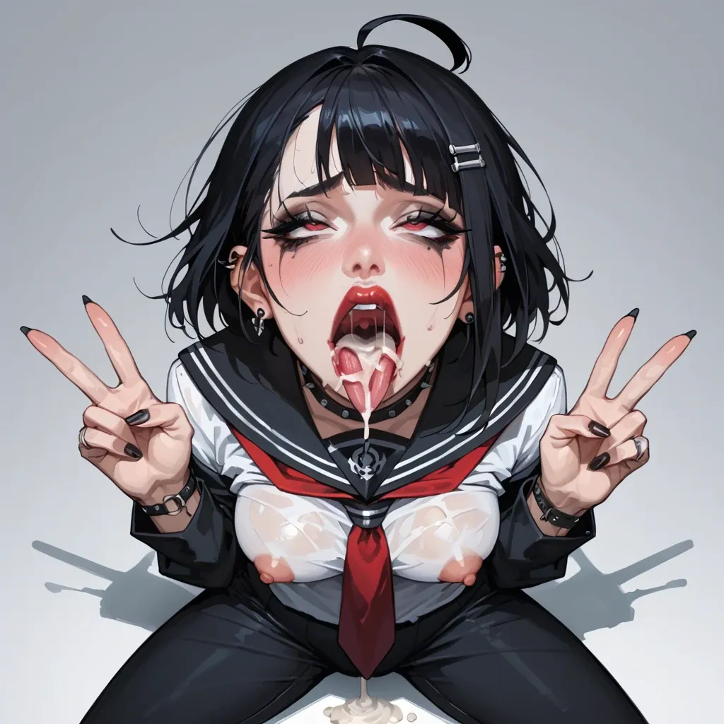 Goth school girl, perfect tits, school uniform, black pants, ahegao face, hands in V sign, swallows tons of cum from a large Dick, clothes drenched in cum, in the middle of class