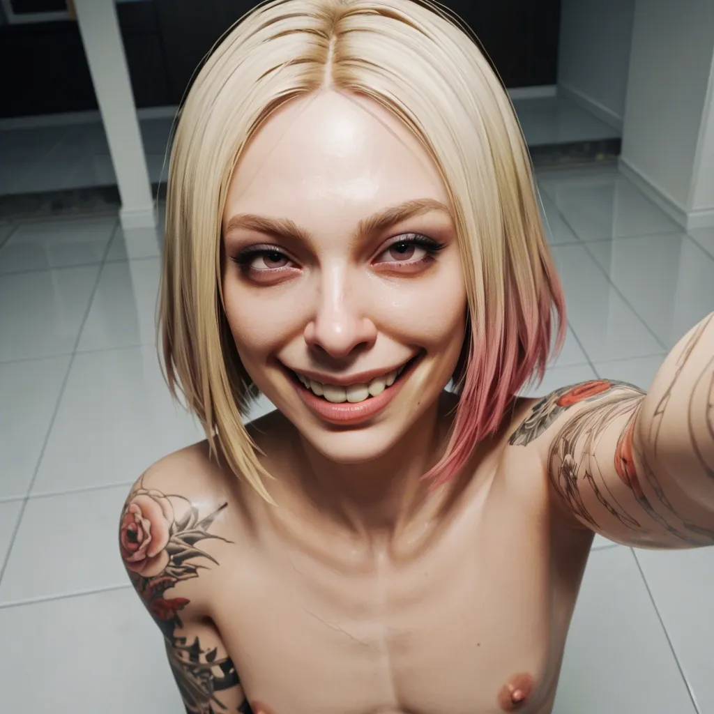 1femboy, 3d,white paled skin,veiny penis,bob hair, blonde dyed hair, skinny,arm tattoos, crooked nose, piggy nose, large teeth, big nostrils,big smile,high-angle, selfie,long nose, medium breast,