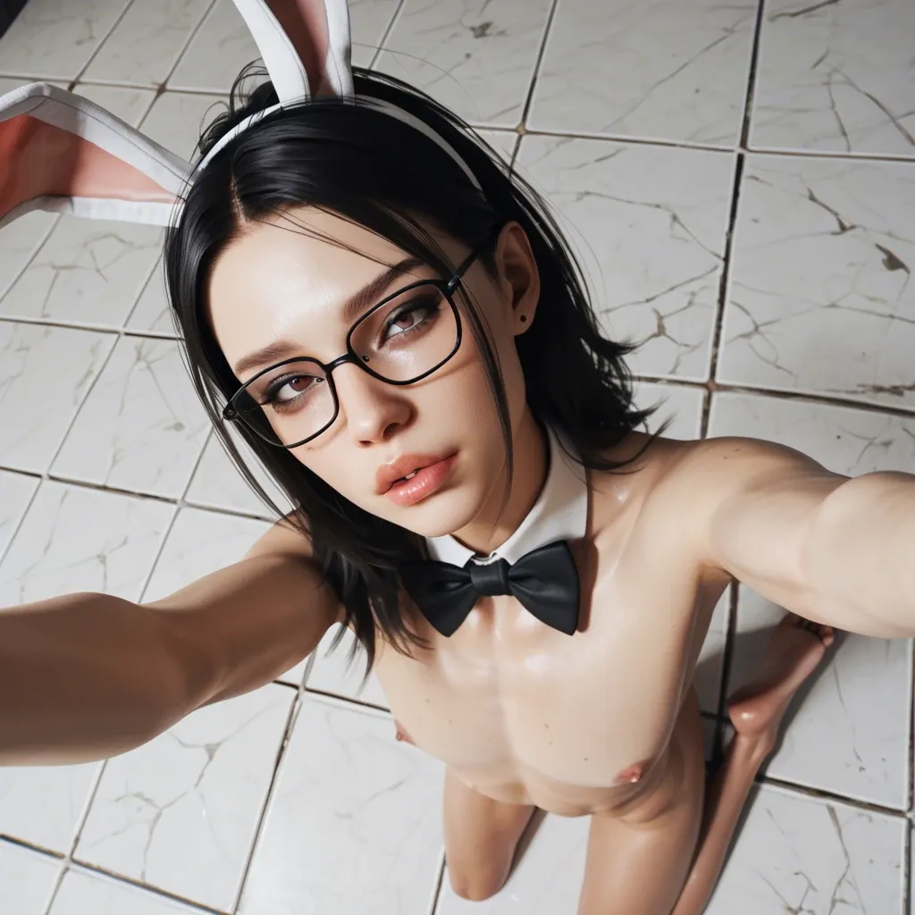 1femboy,veiny penis,3D, light dark skinned ,high-angle view,selfie, high-angle eyes,straight forward lips,glasses, skinny arms, full body,very skinny, rabbit costume,on a chair