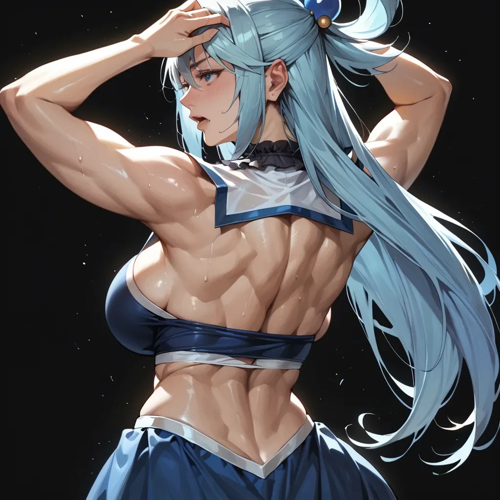 1 girl, Aqua (konosuba), show side face, focus from back, upper body, tight clothes, detailed face, black background, do not show hands, massive ass, massive breast, abs, High definition, good face, backless dress