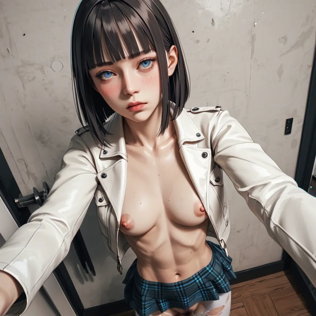 1girl, 3d,selfie, high-angle view, blue eyes, bob fringe, jacket,plaid upskirt, very skinny,slim contexture,tall, ripped white pantyhose,bare round implants ,blush,hairy pussy exposed,