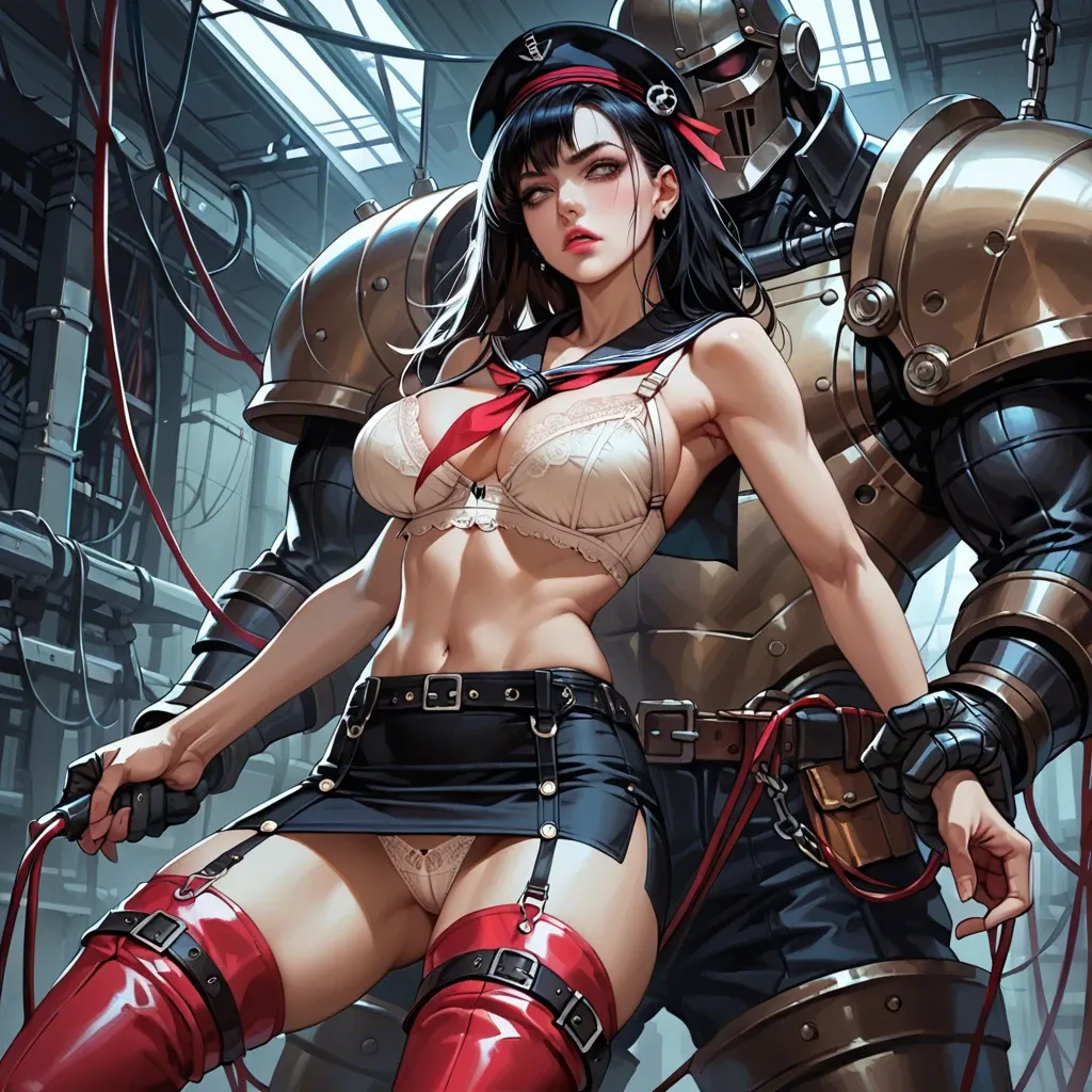 1girl,1boy, , , , full pink lips,armored,large breast,cables,slim ankles, tank top,red thighhighs,sailor hat,beige bra,thigh boots, pencil skirt,lace panties,suspender belt,blue bra,gothic boots, pencil skirt,pearl necklace,black belt,pulled bra,stiletto heels, women bare feet, public park, spaceship, sailor collar, 2b, waifu