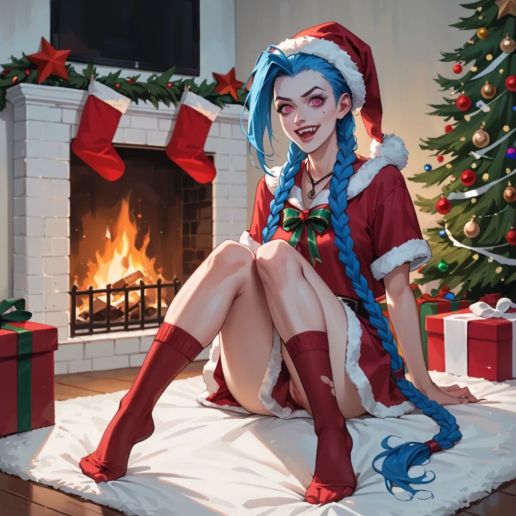 Jinx,league of legends,long blue hair,braids,christmas outfit,christmas hat,character,bright pink eyes ,full body,christmas tree,sitting,long socks,skirt,cozy,fireplace,excited,looking at viewer