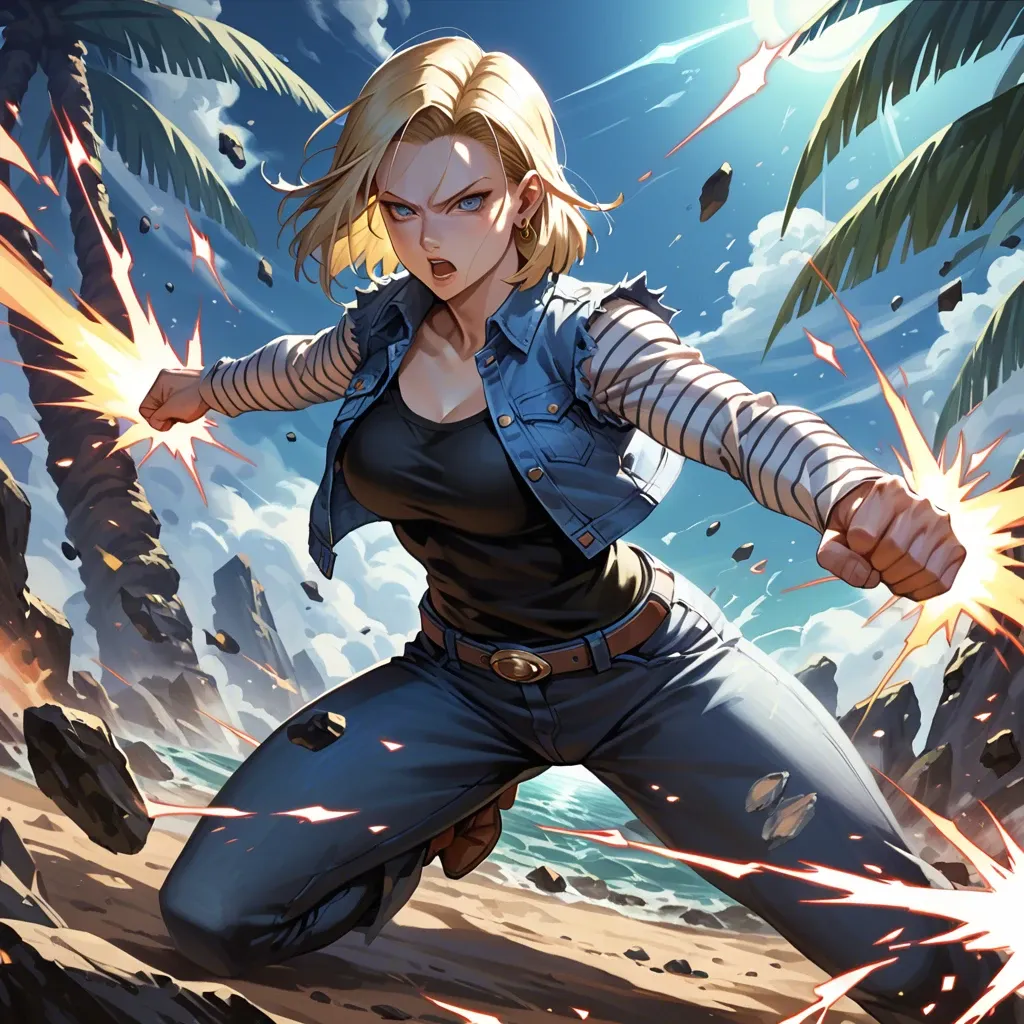 Android 18, palm open firing a massive Kamehameha-like energy wave in the style of Dragon Ball, straight trajectory, bright and intense energy blast, dynamic action pose, detailed anime style, vibrant colors, highly detailed, sharp focus, cinematic lighting, digital art, trending on ArtStation, no sword, energy wave only, Kamehameha, wide shot, high resolution, ultra realistic"