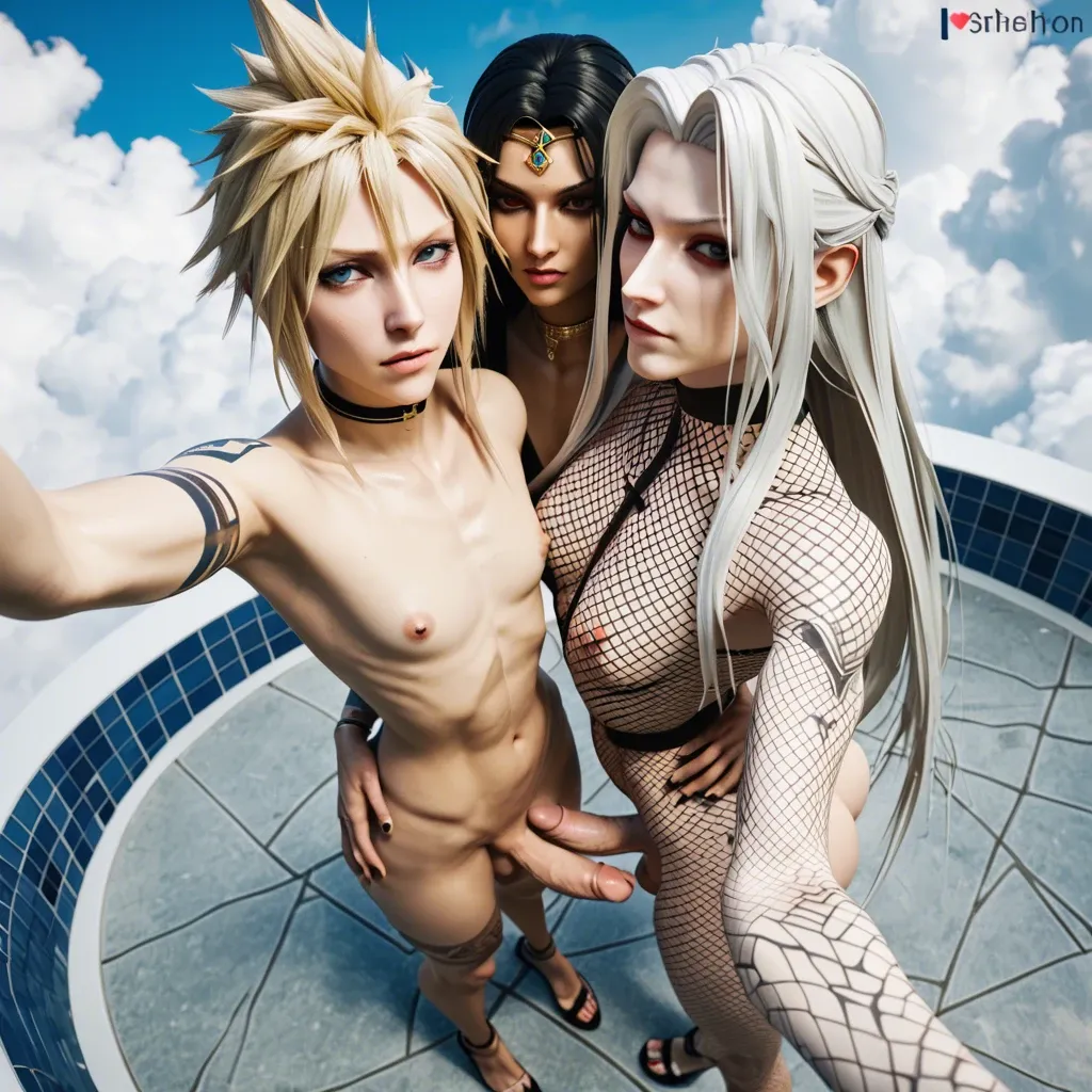 2femboy, , , ,3d, collaborative , selfie , high-angle view,hand on ass,penises, FUTA,very slim waist,flat chest,fishnet, tattoos,choker, Sephiroth, cloud strife , Egyptian tomb, from behind, reaching ass, smiling