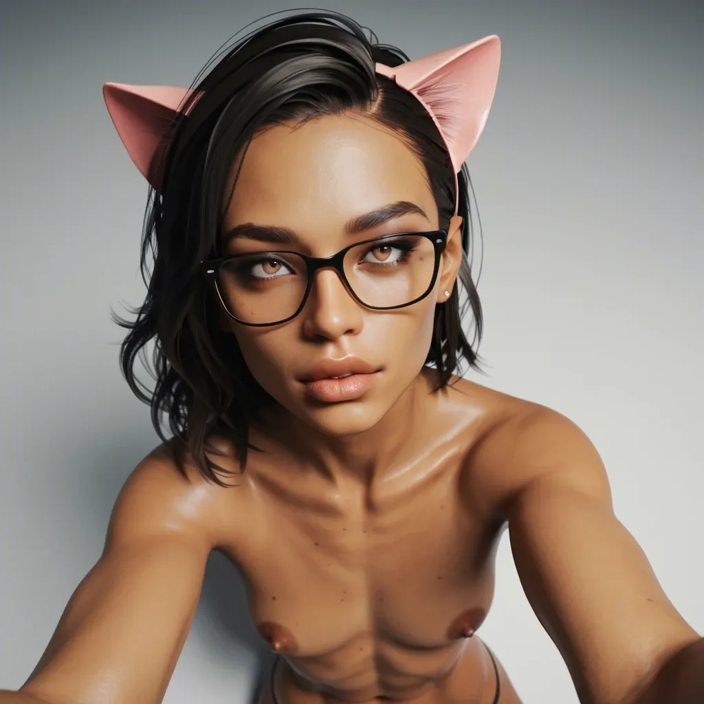 1femboy,latina,3d,long penis,dark skinned ,high-angle,selfie, high-angle eyes,slim head,slim contexture,marked cheekbones, straight forward lips,cat ears,big nose,glasses,