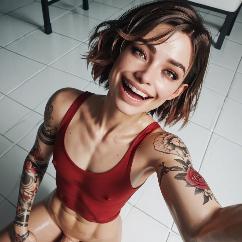 1femboy, 3d,bob hair, brunette dyed brown hair, skinny,white paled,arm tattoos,deep nose bridge, large nose, cute,red top, veiny penis,big upper teeth, big smile,high-angle, selfie,