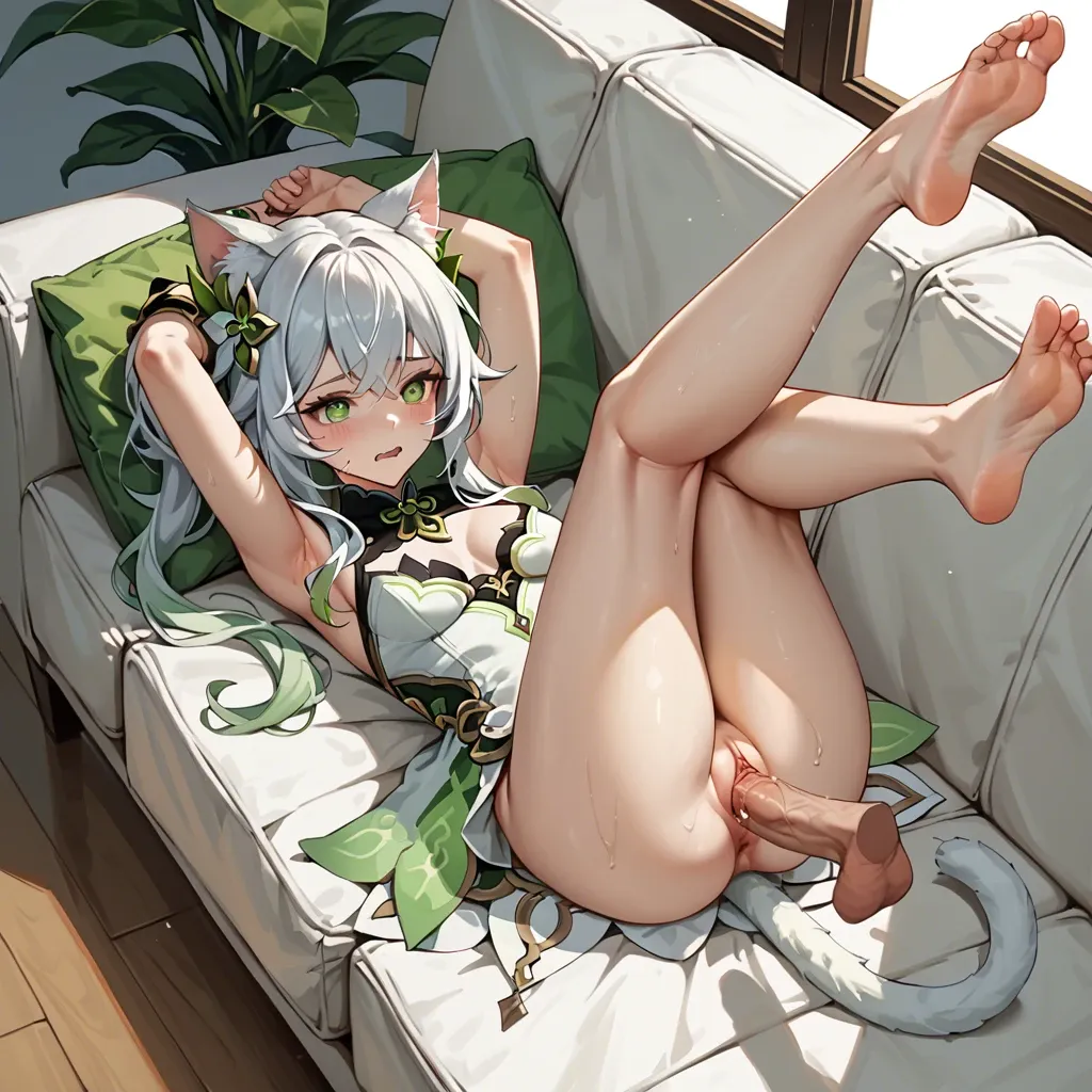 Nahida from Genshin Impact, in a white sofa, solo,dressed in a catgirl outfit, you are fucking her, ,vaginal penetration by my cock,deep thrust, legs upward in the air, hands streching her own pussy, smiling at you, blushing, embarassed face, first person perspective,