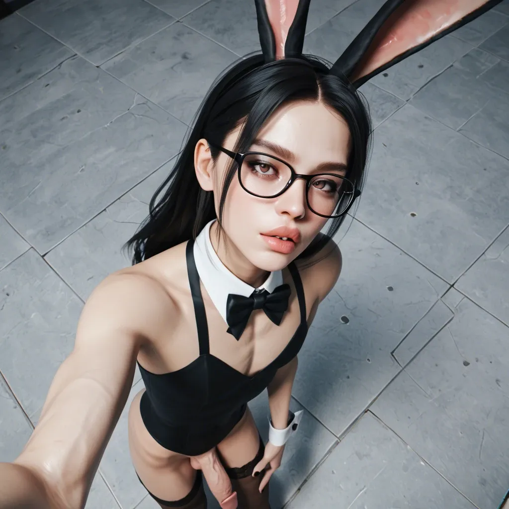 1femboy,veiny penis,3D, light dark skinned ,high-angle view,selfie, high-angle eyes,straight forward lips,glasses, skinny arms,very skinny, rabbit costume