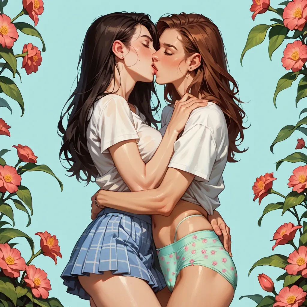 Two cute beautiful young slim girls, lesbians, 30 years old, caucasians, in multicolor home cotton panties with flowers and t-shirt home cotton underwear, in summer skirts, upskirting, kissing, hugging each other, She lifts her skirt so that her panties are visible, redhead, in full growth, toon style, upskirt