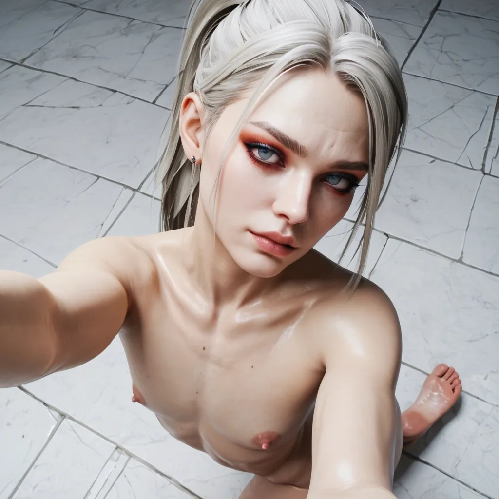 1femboy, 3d, veiny penis, german, flat chest, makeup,white paled,selfie,high-angle view, curvy ass, platinum blonde , ponytail,