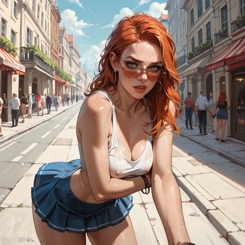 Pale French Girl redhead freckles, Summer in Paris, sunglasses, skinny, massive tits, bubble butt, Tanktop, Mini skirt, flirting, pov, Portrait,