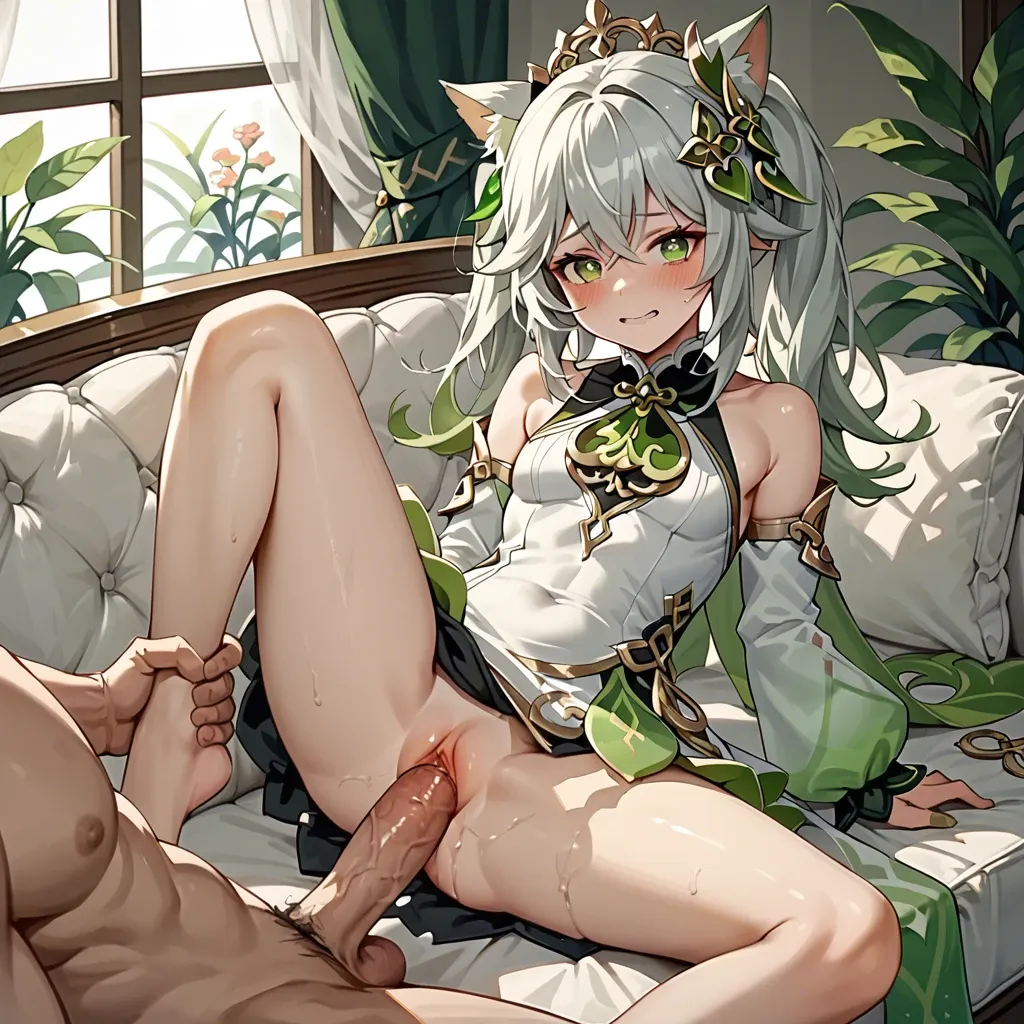 Nahida from Genshin Impact, in a white sofa, solo,dressed in a catgirl outfit, you are fucking her, penetrating her with your cock,vaginal penetration, one leg up, smiling at you, blushing, embarassed face, first person perspective,