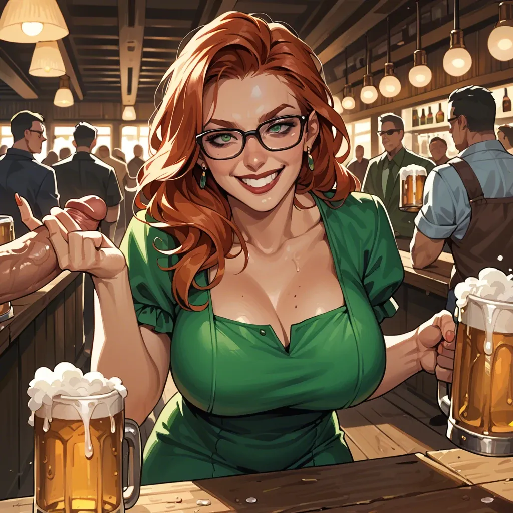 Voluptuous redhead, Green Dress,  glasses, pub, Portrait, pov, 1girl solo, smile, flirt, beer, gangbang, crowd