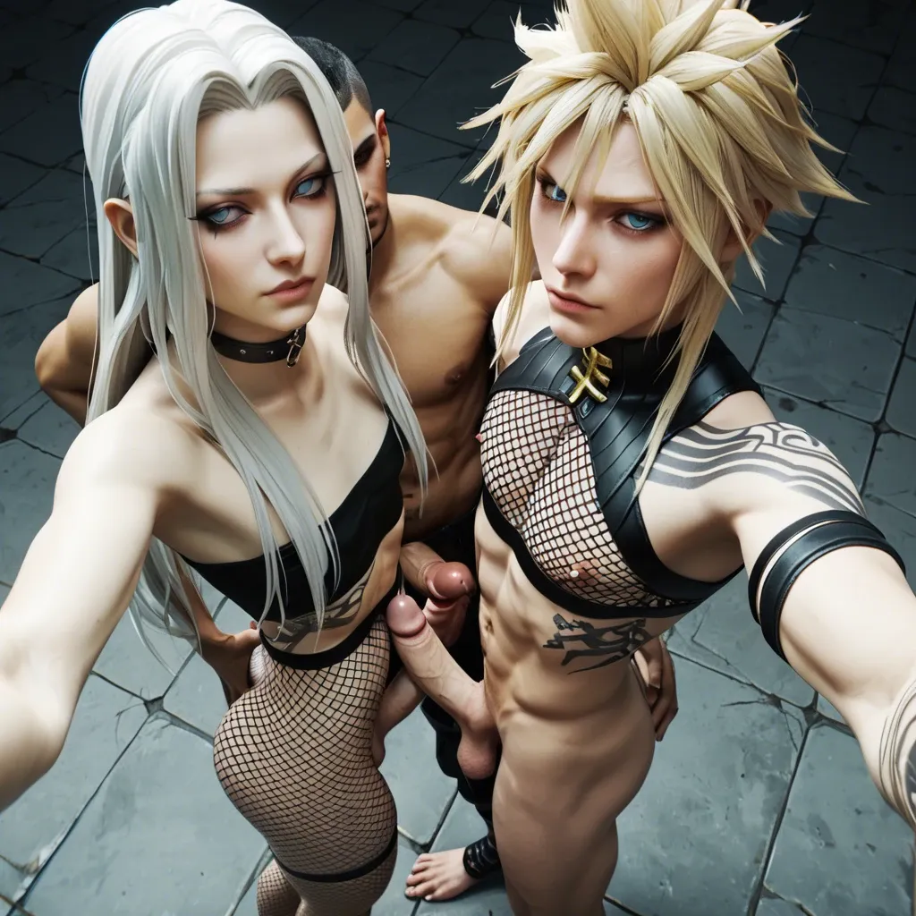 2boy, , , ,3d, collaborative , selfie , high-angle view,hand on ass,penises, FUTA,very slim waist,flat chest,fishnet, tattoos,choker, Sephiroth, cloud strife , Egyptian tomb, from behind, reaching ass, smiling