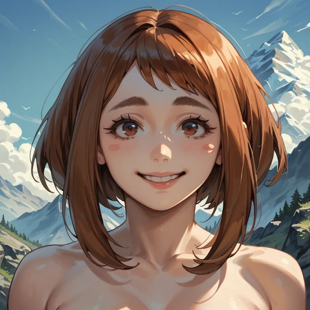 Ochaco Uraraka, cheeky smile, ultra high detailed face, zoom to her face, mountain background