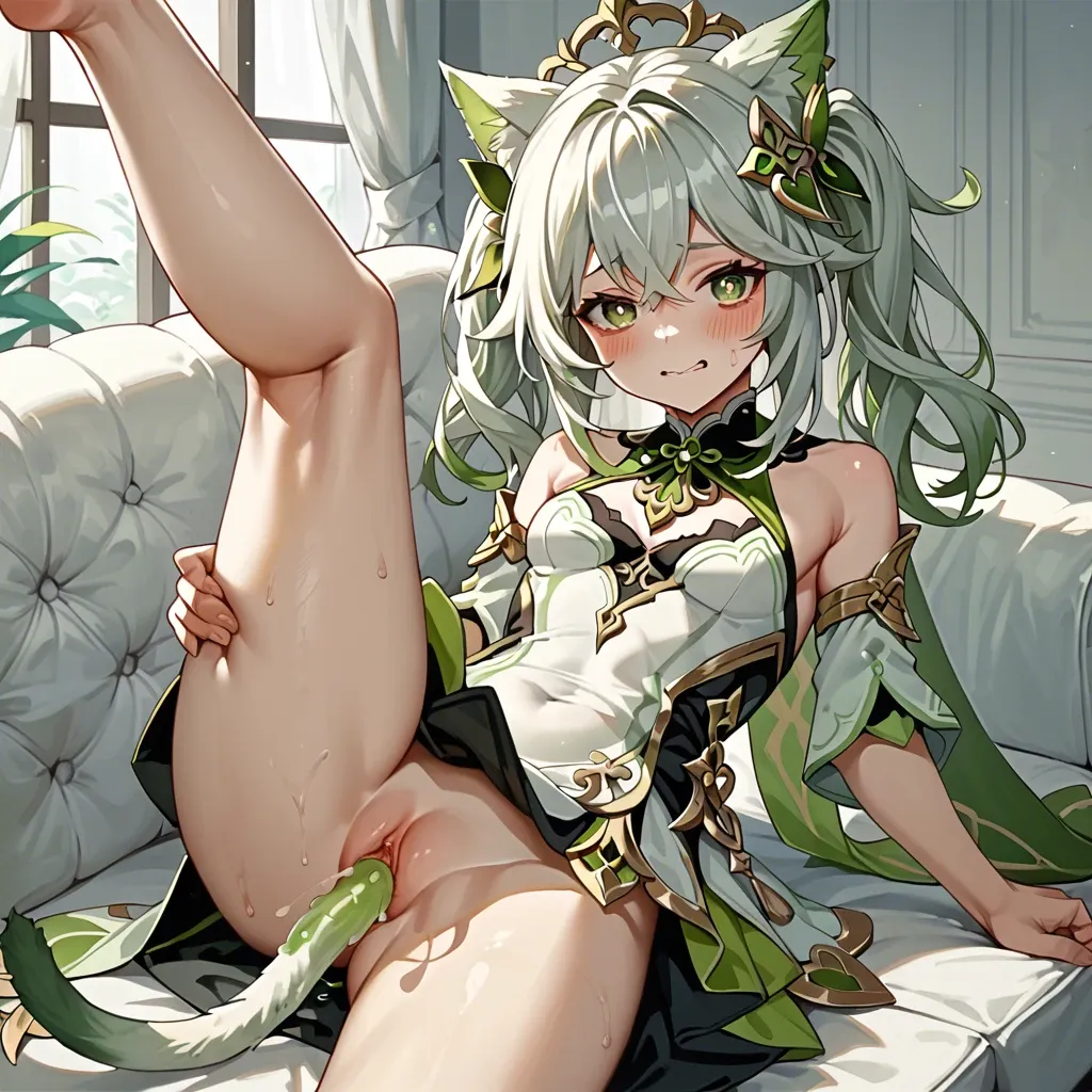 Nahida from Genshin Impact, in a white sofa, solo,dressed in a catgirl outfit,vaginal penetration, one leg up, smiling at you, blushing, embarassed face, first person perspective,