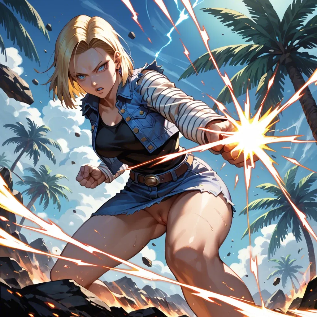 Android 18, palm open firing a massive Kamehameha-like energy wave in the style of Dragon Ball, straight trajectory, bright and intense energy blast, dynamic action pose, detailed anime style, vibrant colors, highly detailed, sharp focus, cinematic lighting, digital art, trending on ArtStation, no sword, energy wave only, Kamehameha, wide shot, high resolution, ultra realistic"