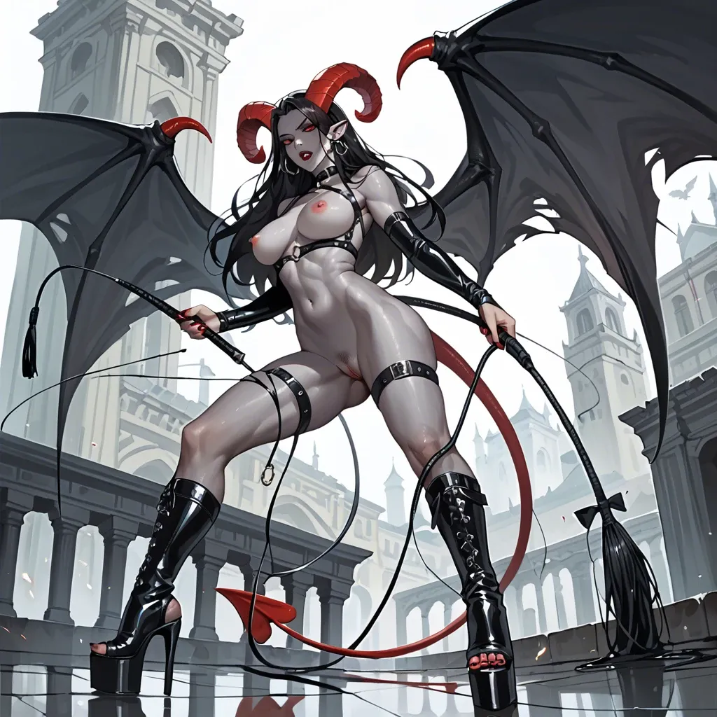 Succubus dominatrix, grey skin, black hair, red eyes, long horns, giant wings, tail, platform heeled boots, whip, dominating naked man