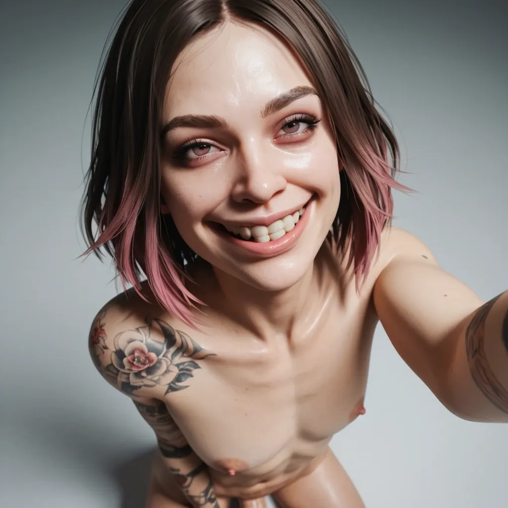 1femboy, 3d,white paled skin,veiny penis,bob hair, brunette dyed hair, skinny,arm tattoos, crooked nose, piggy nose, large looking front teeth, big nostrils,big smile,high-angle, selfie,long nose