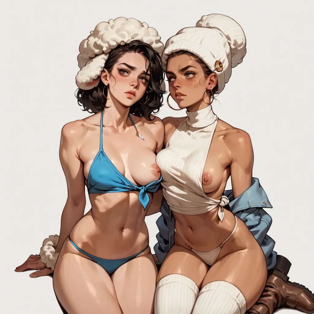 2girl, , , , facial freckles,arms behind back,perky breasts,one breast out,clean skin, cheek bulge,wrist,perky breast,from waist up,shoulders, shirt pull,baggy socks,wool hat,bikini,knee boots, royal bedroom, new york city, medieval tavern, collared, gold collar, realistic skin, gentle shadows, girl lara croft, spider-gwen