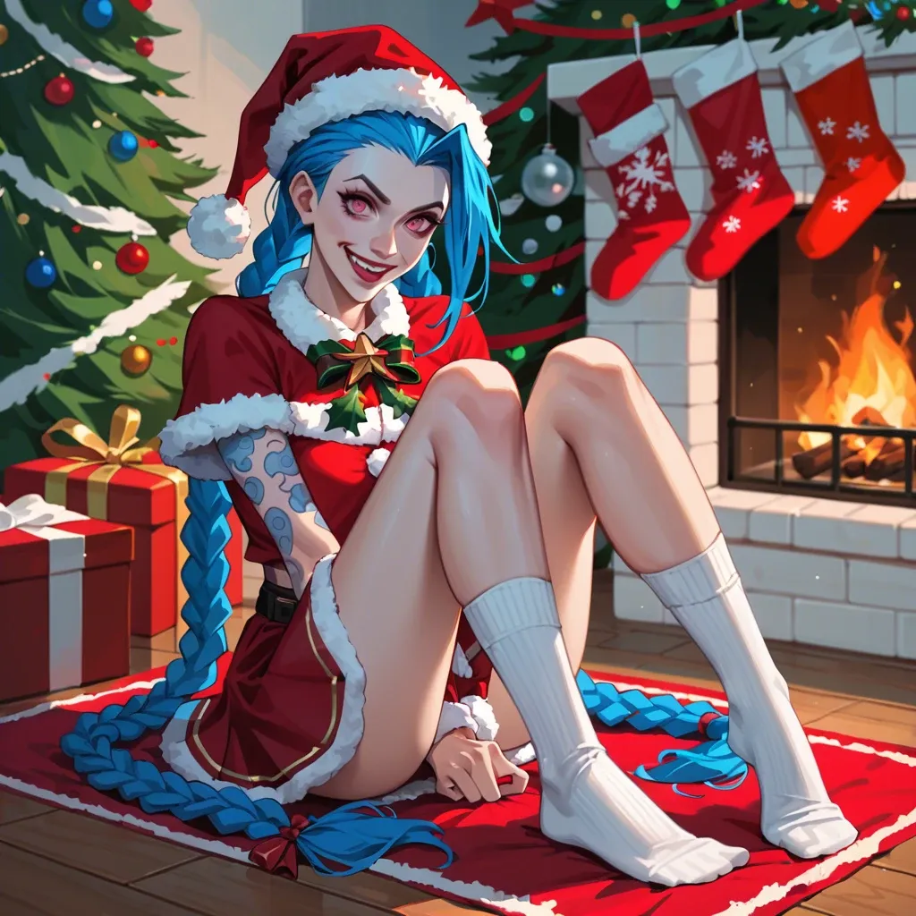 Jinx,league of legends,long blue hair,braids,christmas outfit,christmas hat,character,bright pink eyes ,full body,christmas tree,sitting,long socks,skirt,cozy,fireplace,excited,looking at viewer