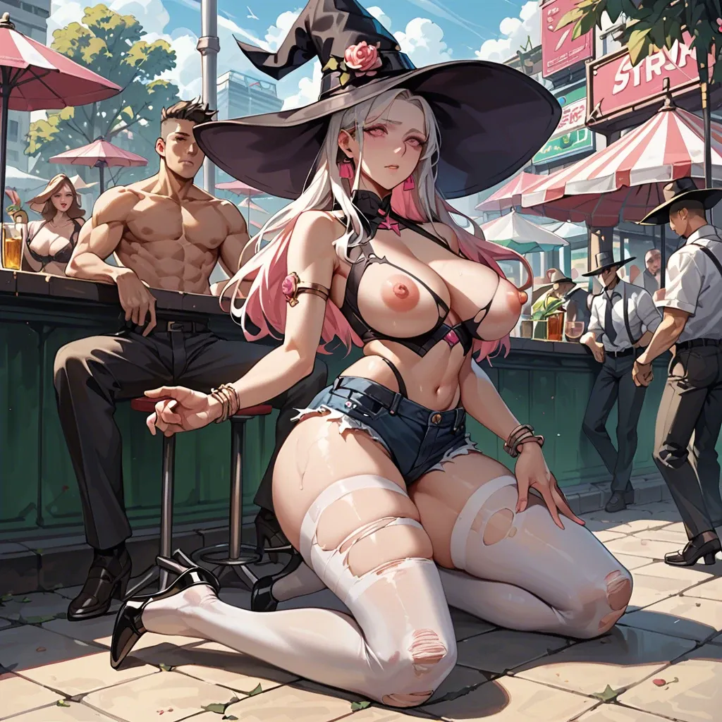 1girl,1boy, , , , deep pink eyes,armlet,big areolae,medium hips,kneeling, hotpants,white pantyhose,witch hat,open torn bra,stiletto heels, strip club, gardens, cyberpunk, holding dildo, princess zelda, anna and elsa, ariel waifu