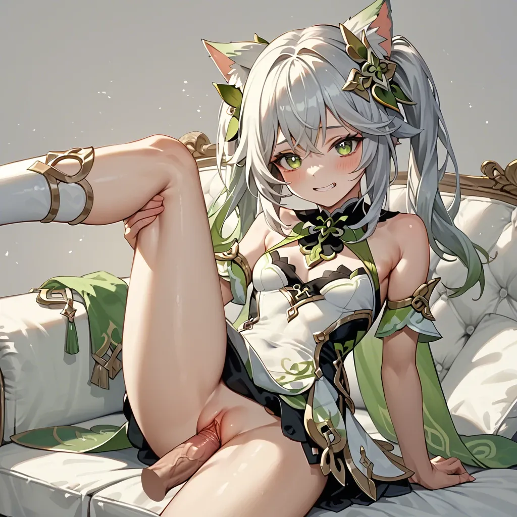 Nahida from Genshin Impact, in a white sofa, solo,dressed in a catgirl outfit, you are fucking her, penetrating her with your cock,first person pespective, vaginal penetration, one leg up, smiling at you, blushing, embarassed face, first person perspective,