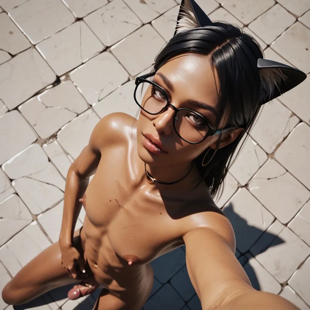 1femboy,long veiny penis,3D, dark skinned ,high-angle view,selfie, high-angle eyes,straight forward lips,cat ears,big glasses, skinny arms,very skinny,own penis focus