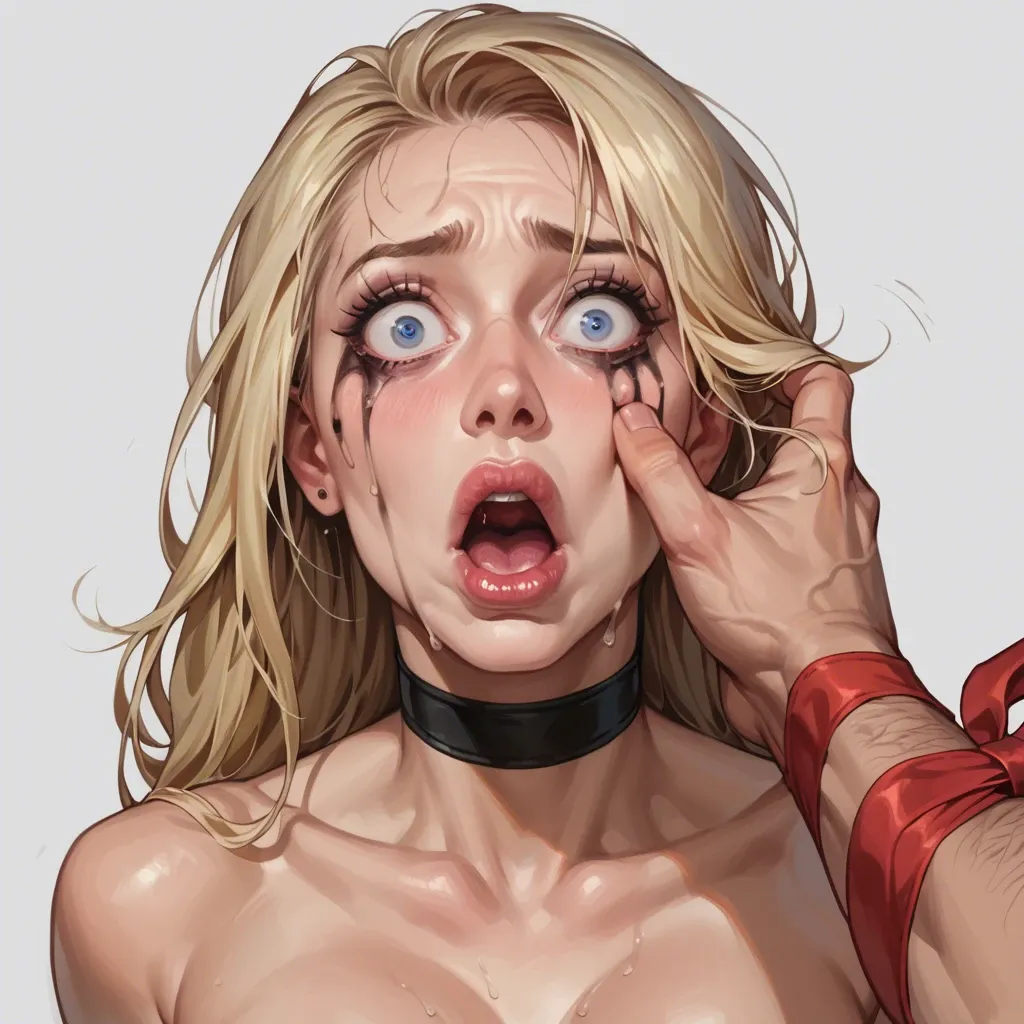 detail face of, (body of : 1.3), looks exactly as, big blue eyes, blonde hair, glamorous makeup, thick lips, shocked surprised, extreme wide eyes, worried face, mouth open, running makeup, tied up as a gift, wearing a big red bow, ripped christmas lingerie, groping breast, groping ass, nipples showing, surrounded by interracial men, hyper gigantic massive enormous cocks, thick cocks, laying under huge cocks, pushing breast together, smashing breasts, cock between breasts, tongue out, cum drips from mouth