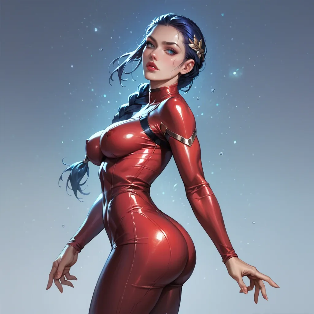 Nano tight bodysuit, big athletic bubble butt, side view, detailed, perfect sideboobs, perfect boobs see through, exposed juicy ass, thin waist, show shaved pussy, seductive, seductive face, big burgundy lips, blue eyes, galaxy hair braid, upskirt