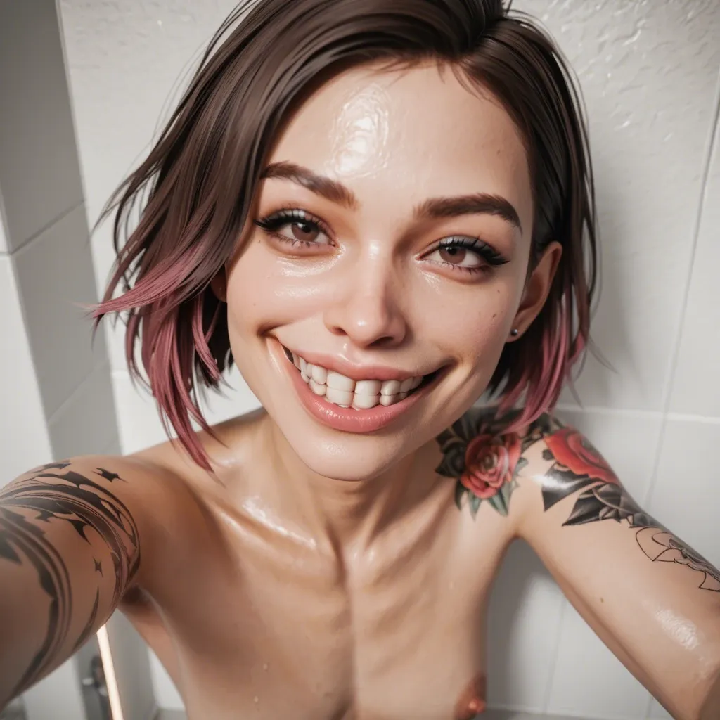 1femboy, 3d,white paled skin,veiny penis, pixie nose,bob hair, brunette dyed hair, skinny,arm tattoos, big nose, large teeth, open nose holes,big smile,high-angle, selfie,slim large nose, medium breast, leaning forward mouth, skinny nose