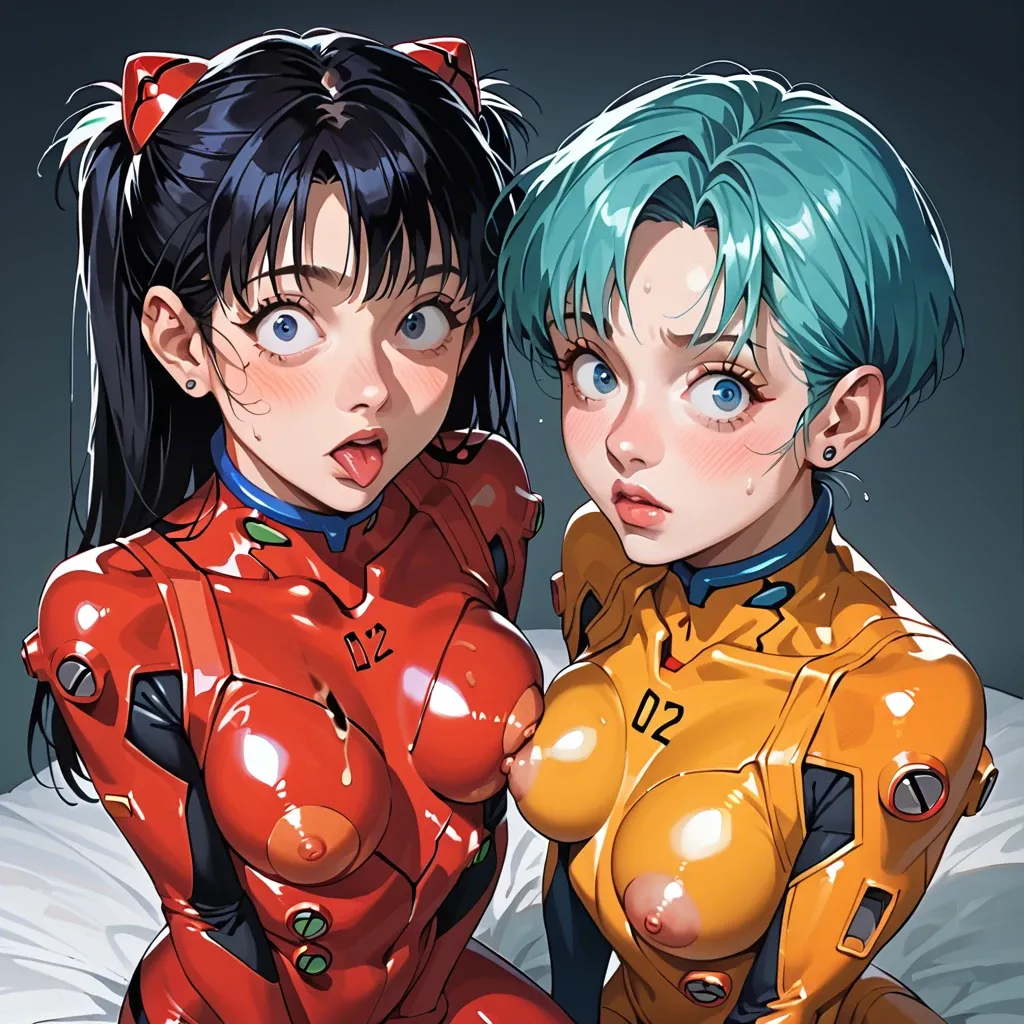 2girls lolly (bulma_briefs and chichi) \(dragon balls\) wide eyes  round face naked \(neon genesis evangelion\) red plugsuit bodysuit cum in dilldo looking at viewer