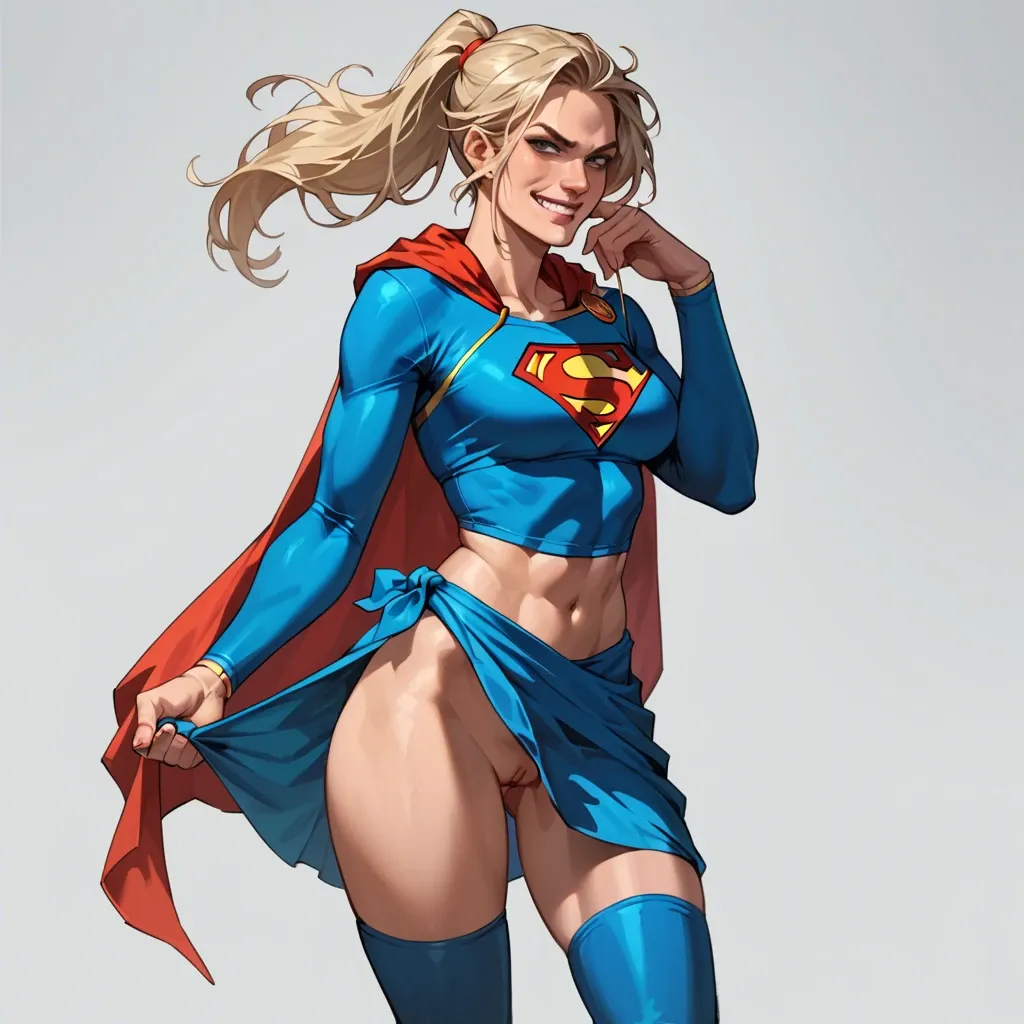 Supergirl, ponytail, breastplate, sarong, hoodie cloak, thigh high Boots, smirk