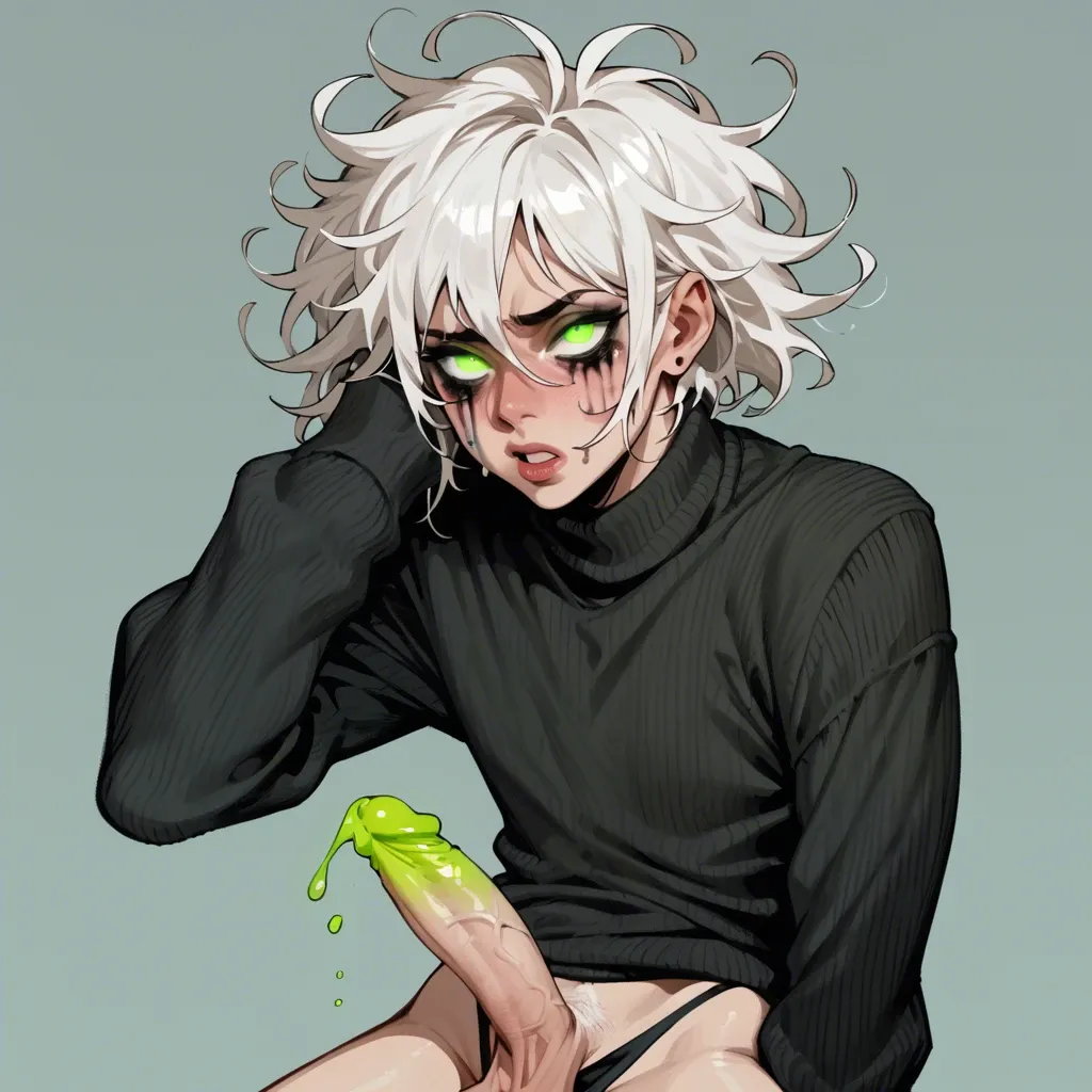 Femboy, green glowing eyes, white hair, messy hair, mascara running, black sweater, black thong, medium penis, saggy balls,