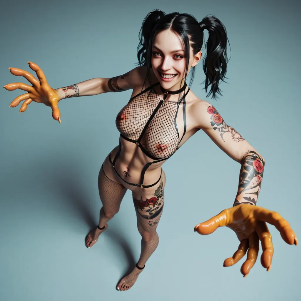 3d,slender crooked nose,white paled,slender penis,slim contexture,pigtails honey colour,high angle,big smile,tattooed,full body fishnets,big hands,Big feet, jerking-off,