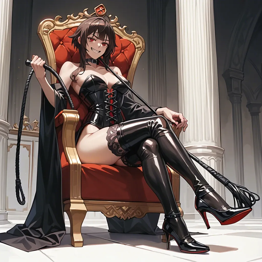 Megumin, black latex, futanari, big penis, heels, stockings, evening dress, scorn, seats on throne ,long penis, crazy  smile, gigantic penis, whip, corset