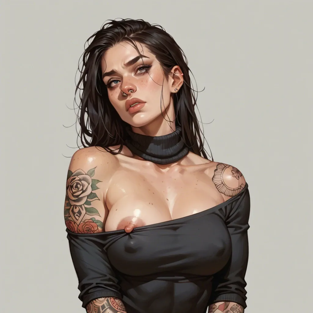 1girl,solo, , , , freckled,tattooed arms,sucking nipple,muscular back,turtleneck, eye catching,detailed hand,perky big tits,round boobs,off-shoulder, nose ring,dripping thigh,wide areola,ship deck,elbows, red tight pants,baggy socks,beaded jewelry,frilled bra,platform heels, micro skirt,tight fishnets,gloves,panties visible,black sneakers, open uniform,lace stockings,bracelets,white swimsuit,sandals, in office, on the beach, medieval tavern, book shelf, spider-gwen, ariel waifu