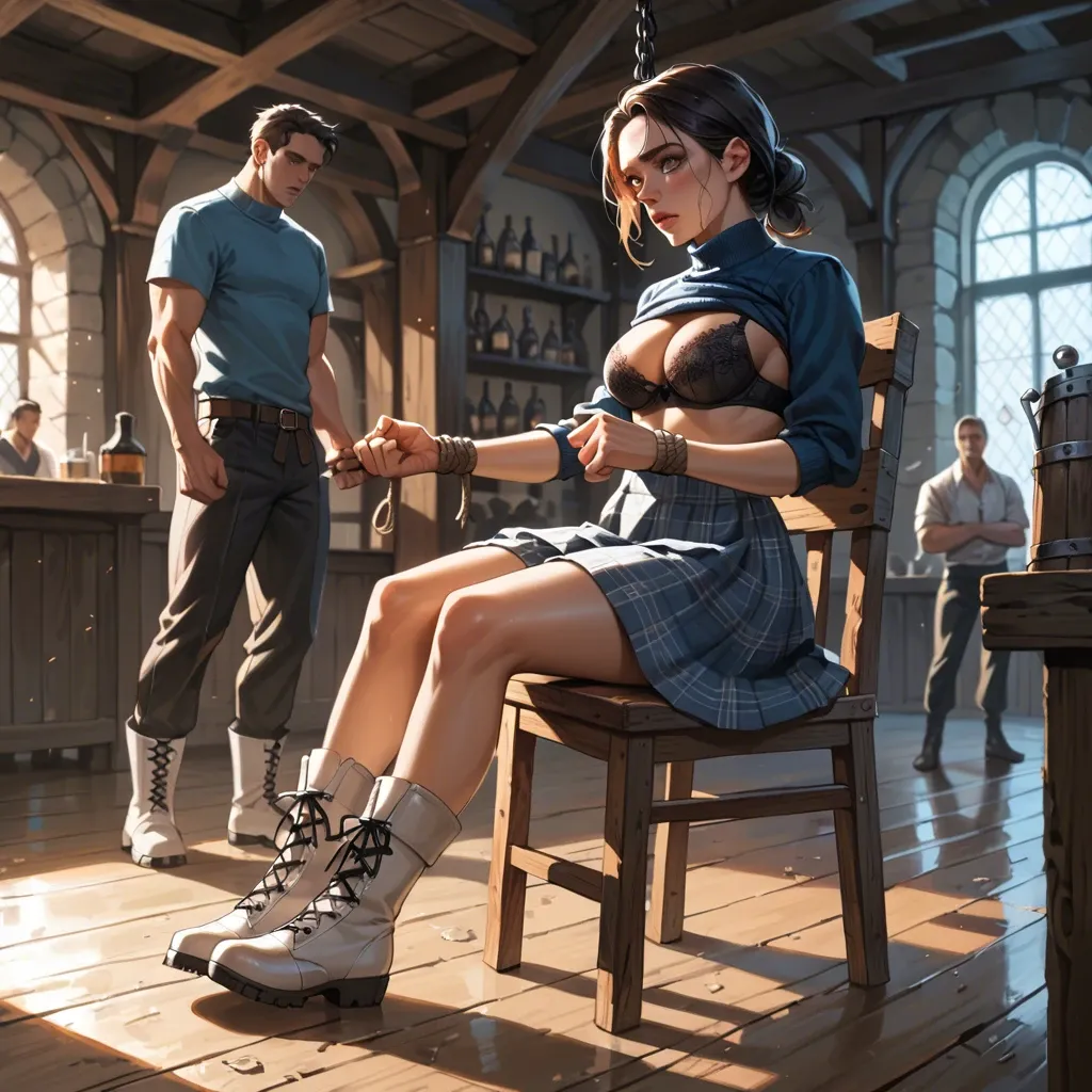 1girl,1boy, , , , big eyes,soft warm light,perky boobs,chest fluff,blue turtleneck, plaid skirt,laced,tied hands,black bra,white boots, gym, depth of field, medieval tavern, chair, realistic, dark night, linked, disney princess, waifu