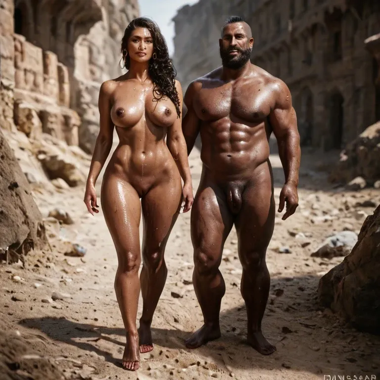 1 man, 1 girl, full body view, orient slave basar, dark skinned warrior, dirt covered face, very proud, nude, viking man touching her hips, extremely beautiful detailed face, showing her detailed wet open pussy lips, astounishing gigantic natural saggy breasts, extremely detailed puffy black nipples, nude, wet skin, dark skin, large slave collar,