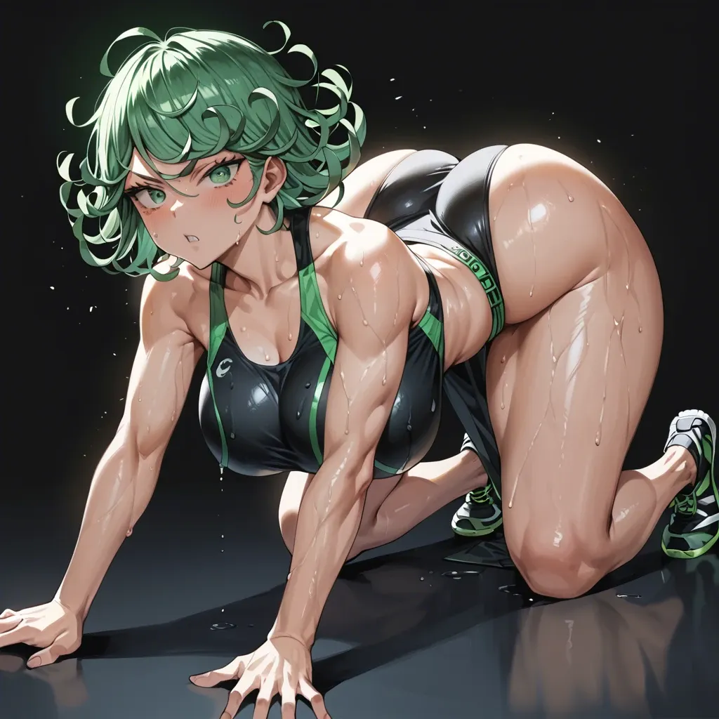 1 girl, Tatsumaki, full clothing, sport outfit, brilliant eyes, all fours, detailed face, black background, do not show hands, massive ass, massive breast, High definition, good face, show armpit, very wet, hands behind the head