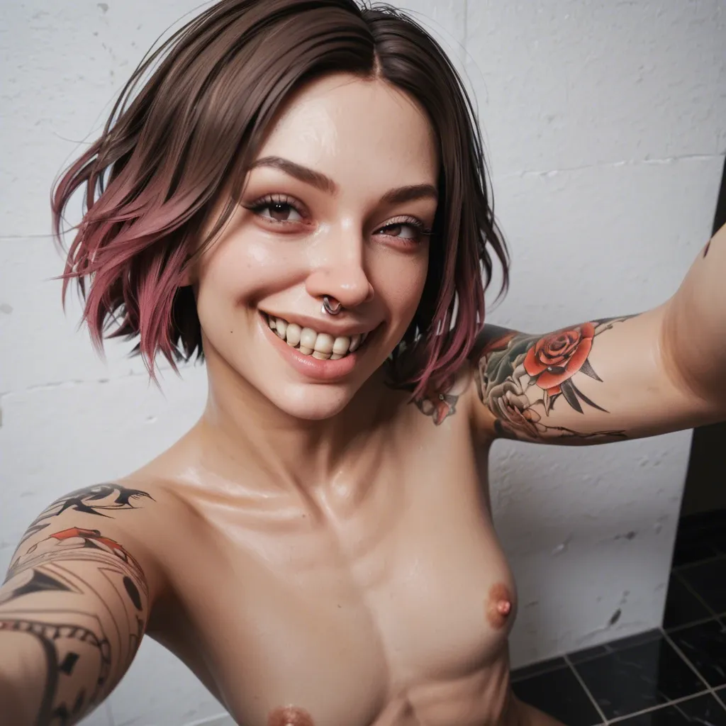 1femboy, 3d,white paled skin,veiny penis, pixie nose,bob hair, brunette dyed hair, skinny,arm tattoos, crooked big nose, large teeth, big nose holes,big smile,high-angle, selfie,slim large nose, medium breast, leaning forward mouth,