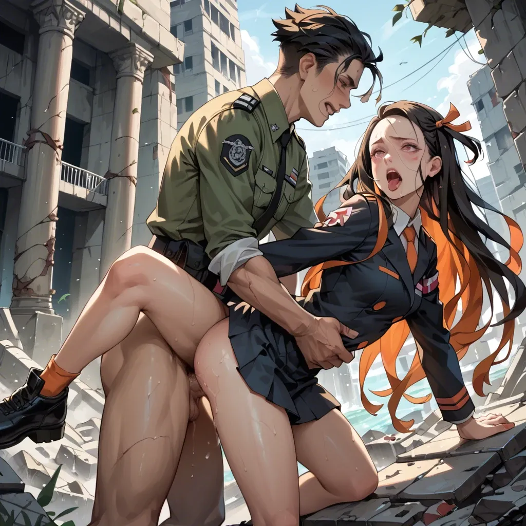 Nezuko kamado,marine uniform,in city ruins,sex