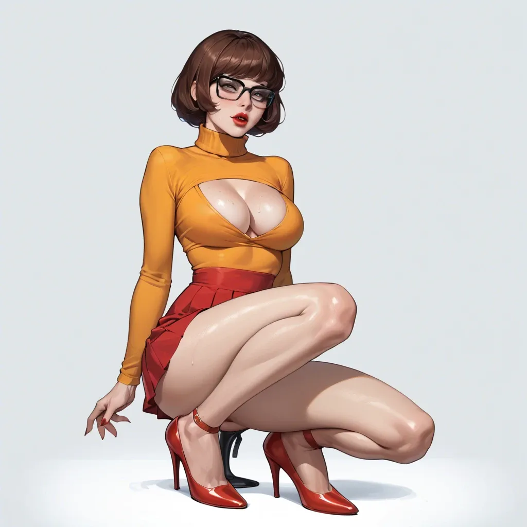 Velma Dinkley, turtleneck minidress, heels, lipstick, cleavage