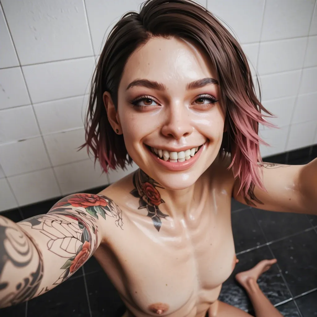 1femboy, 3d,white paled skin,veiny penis, pixie nose,bob hair, brunette dyed hair, skinny,arm tattoos, crooked big nose, large teeth, big nose holes,big smile,high-angle, selfie,long nose, medium breast, straight forward mouth, straight forward lips