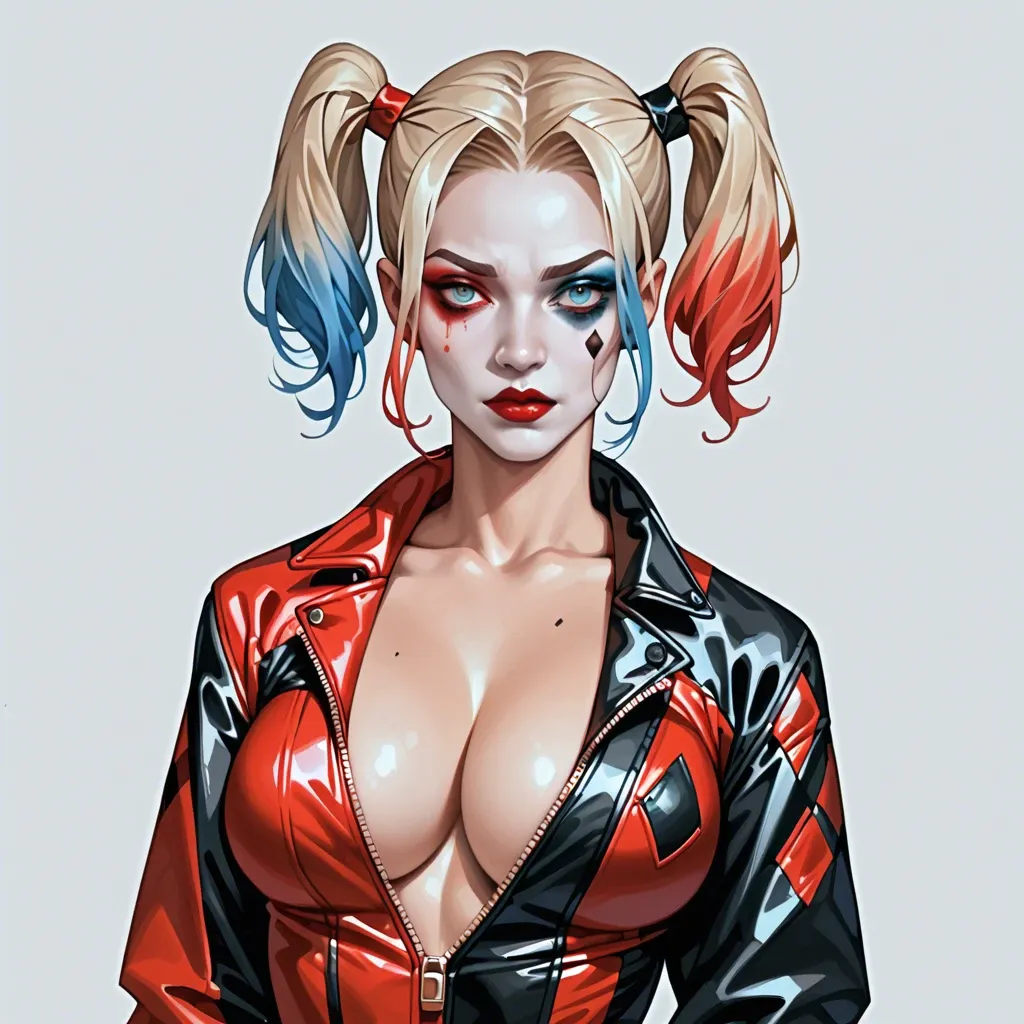 Harley Quinn, Chinese twin hair buns, Chinese coat, unzipped catsuit, deep cleavage