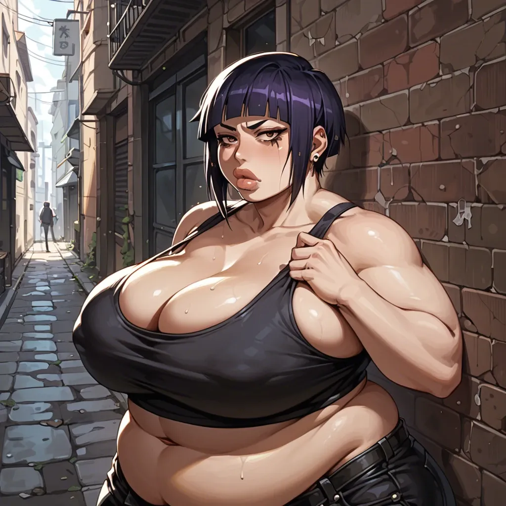 (Kyoka Jiro), alleyway, obese, hyper lips, brown eyes, covered breasts, crop top, punk clothes