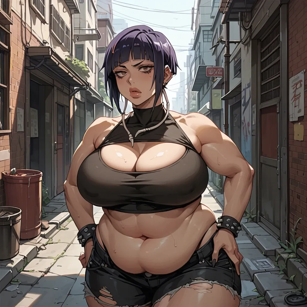 (Kyoka Jiro), alleyway, obese, hyper lips, brown eyes, covered breasts, crop top, punk clothes