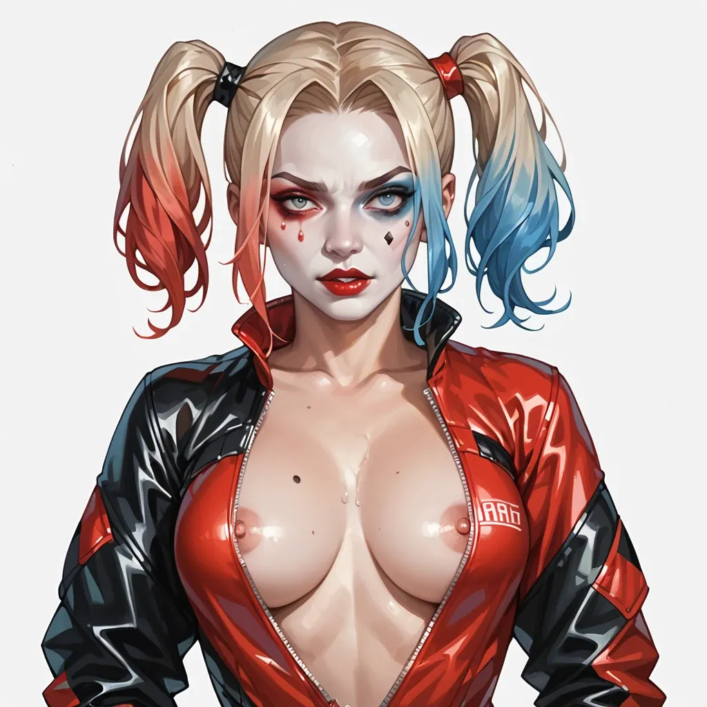 Harley Quinn, Chinese twin hair buns, Chinese jacket, unzipped catsuit